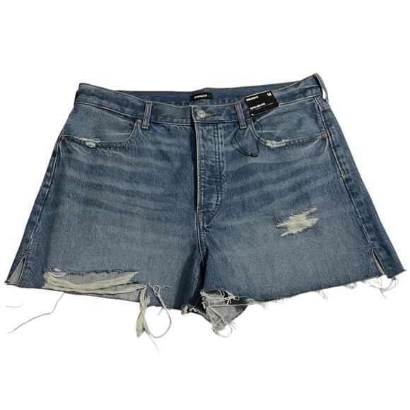 Express Womens Shorts Size 14 Blue Mom Shorts Button Fly Super High Rise Denim - Picture 1 of 13